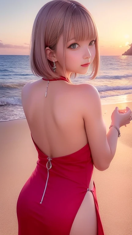 A girl looking back at the beach、(Crimson strapless mini dress with slit、the back is open)、Bob Hair、Silver Hair、Medium breast、From behind、masterpiece:1.3、Raw photo、Highest quality、sunset、Detailed Background、