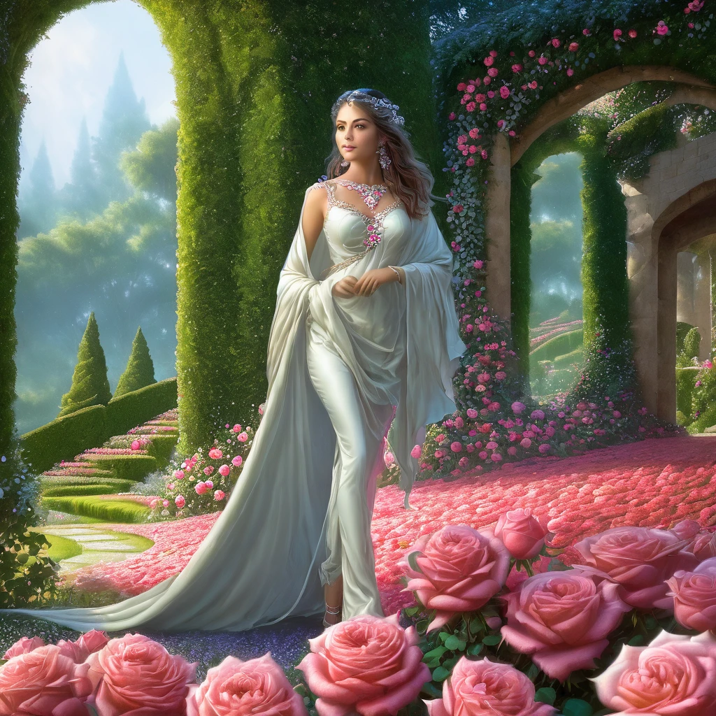 77×412÷π÷2, a beautiful woman is walking in a garden of roses,fractal design , deep wiew,photographic,ultra high resolution,hyperdetailed, masterpiece, 3d modelling.