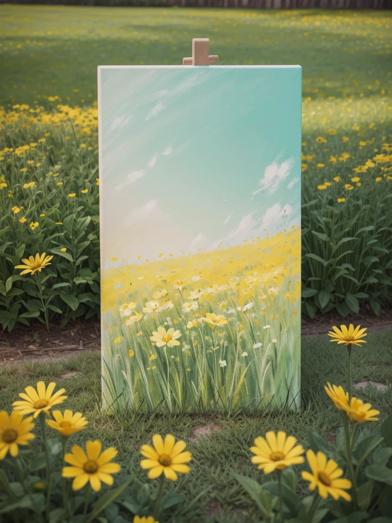 create a minimalist style image with paint strokes on the canvas. put small details about nature in pastel colors. place a delicate yellow flower in the center and an extensive lawn in the background.