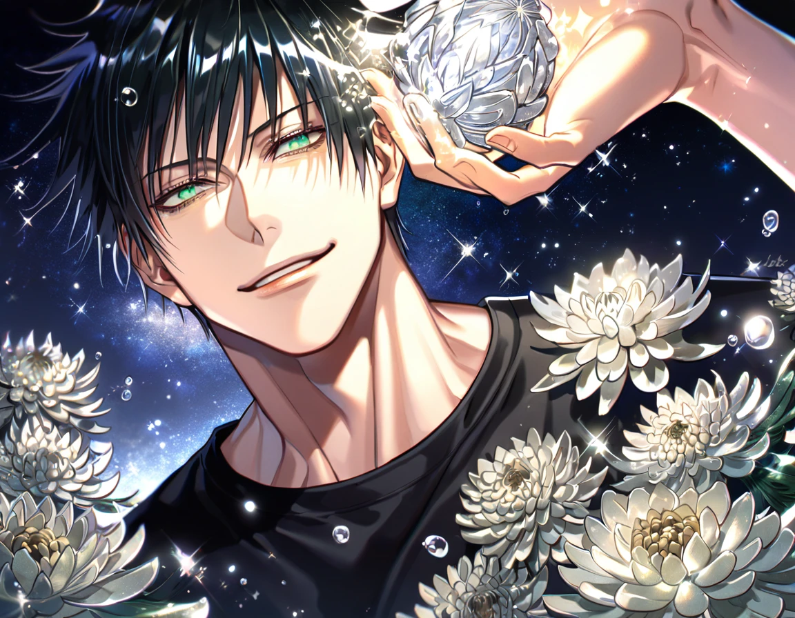 absurdres, highres, ultra detailed, HDR, master piece, best quality, extremely detailed, Fushiguro Touji, straight black hair, expressive green eyes, Jujutsu Kaisen, solo, sexy man, handsome, smile, black tight T-shirt, fantasy, water, sparkling, silver glittering fireflies, silver moon, silver blossoms, silver chrysanthemums, silver sparkling lights, starry sky, magical