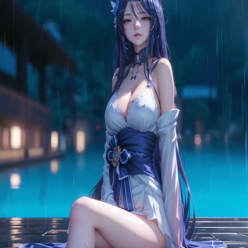 anime girl sitting on the ground in the rain, seductive anime girl, beautiful and seductive anime woman, trend on cgstation, soft anime cg art, animated style. 8k, from the video game azur lane, animated style 4 k, detailed digital anime art, Onmyoji, guweiz style artwork, beautiful anime woman, blue lane style