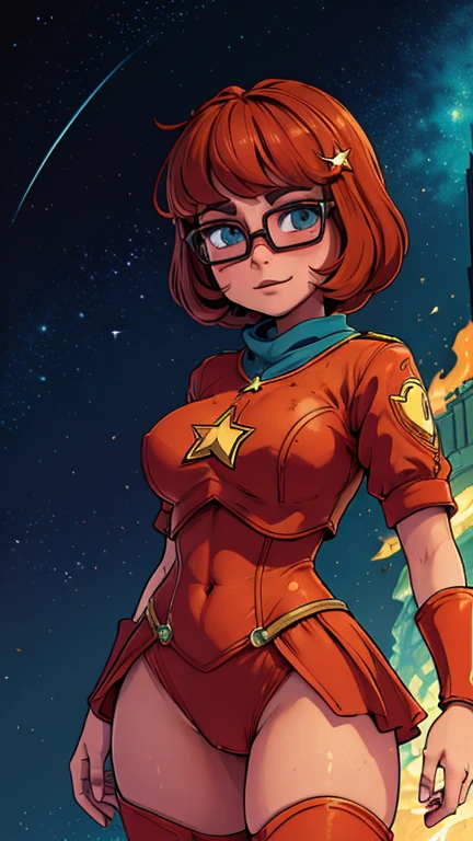 (Dominican: Caribbean:1girl:xyzvelma,Superhero), (extremely detailed CG unit 8k wallpaper),(master part), (best quality), (ultra detali), (best illustration),(melhor ombre), cowboy shot, (Sharp eyeliner, ombre, detailedeyes:1), Disney Castle background, ,break , (star15escola:1.2), hair ornament,short hair , auburn hair, Cameltoe, freckles, glasses