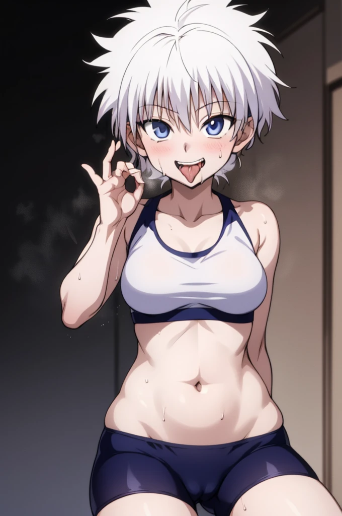 masterpiece, best quality, high quality, 1girl, solo, ,open mouth,tongue, looking at viewer, , killua_zoldyck, sports bra,bike shorts,medium breasts,cowboy shot,sliver hair,(trembling:1.3),smile,cameltoe,blush,sweating,grin