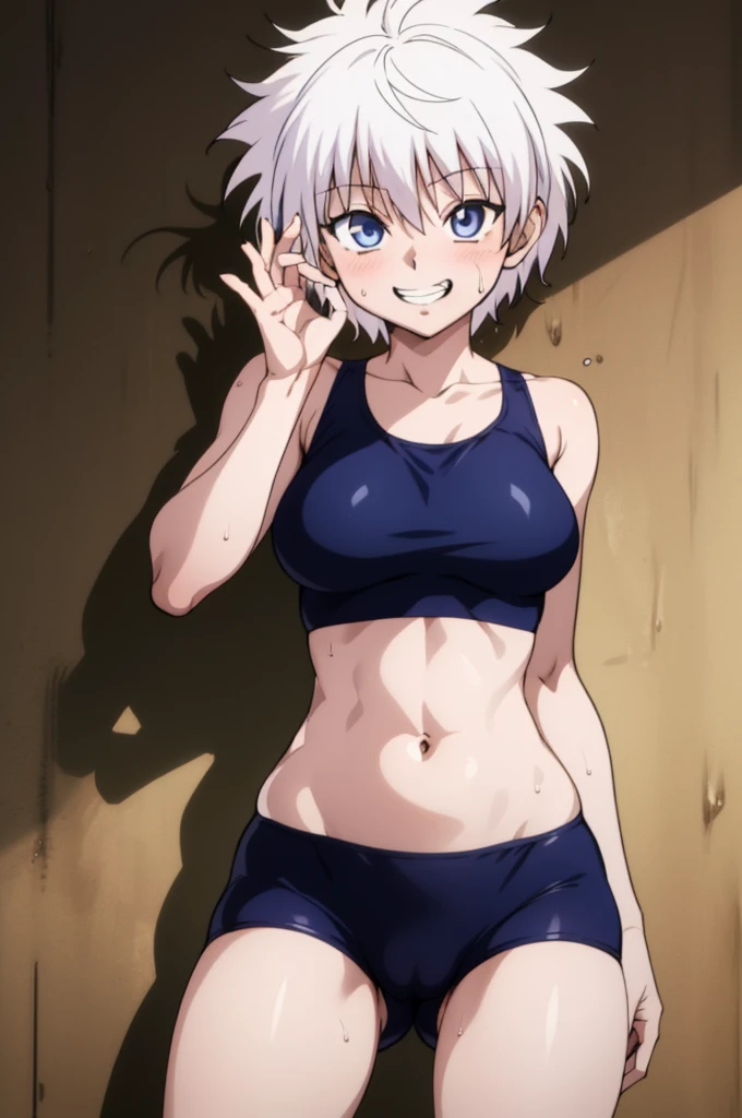 masterpiece, best quality, high quality, 1girl, solo, ,open mouth,tongue, looking at viewer, , killua_zoldyck, sports bra,bike shorts,medium breasts,cowboy shot,sliver hair,(trembling:1.3),smile,cameltoe,blush,sweating,grin