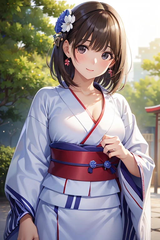 anegasaki nene、Shiny brown hair, short hair, (Beautiful brown eyes、Sparkling eyes, Fine grain)、smile、Ultra-detailed eyes、Very detailedな顔, Very detailedな目,


((Highest quality)), ((masterpiece)), (Very detailed), (Very high resolution), ((Realistic)), 8k, Perfect line drawing, Beautiful line art,
Anime 2D Rendering, (The best CG), Ultra-detailed art, 
One Girl:1.5, 

Symmetrical facial features:1.4, Perfect Face, Beautiful clavicle, Beautiful fingers, Beautiful breasts, (Slightly smaller chest), 
Beautiful body,   (Detailed skin), (Glowing Skin:1.2, Beautiful white skin:1.4), 
break Baby Face, cute, 18-year-old, 
double eyelid, Natural eyebrows, 
(Fine grainの表現, Beautiful and delicate eyes, Eyes sparkle), 
Glossy mouth, 

Beautiful Hair, Shiny Hair, Hair fluttering,  
break 

(kimono:1.2、Red yukata、White checked yukata:1.4)、Earrings、
break 

(Fascinating、Embarrassed expression、Laughing expression), Turn your face and body towards me