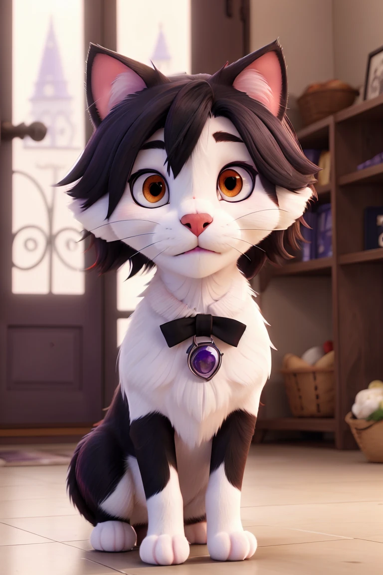 Violet eyes have heterochromia Central black hair white skin red lips medium hair 1,60 shy and cute suspicious anti social has a cat and dog