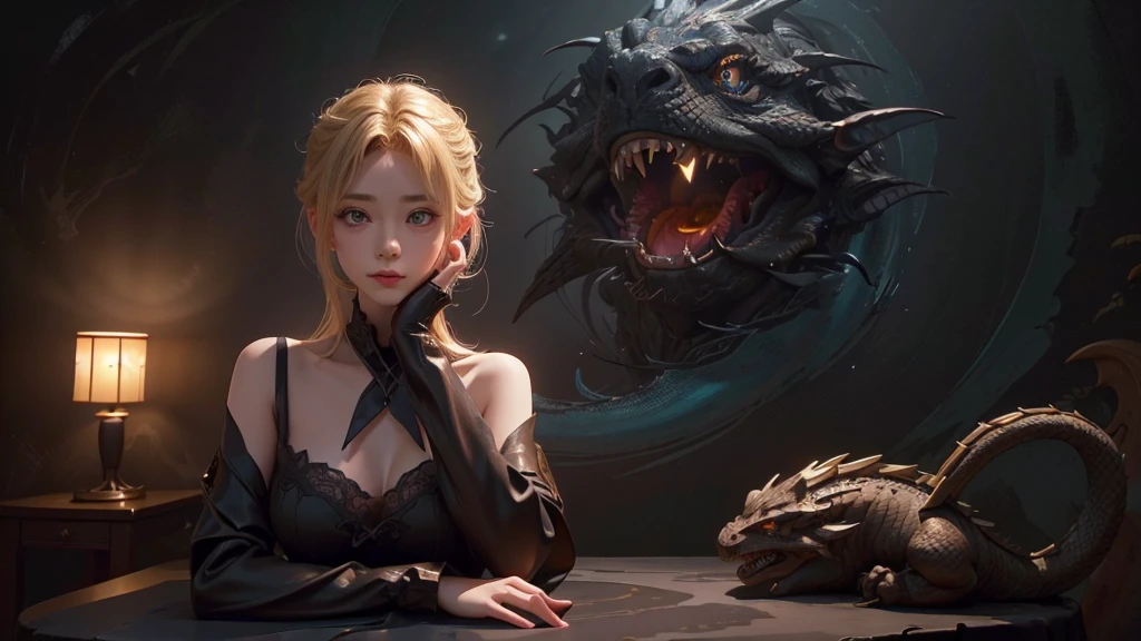 Polychrome,, night, dark, blonde, Show Viewer, In-person audience, Limited Edition Palette, Dragon Background, Shine,(Highly detailed CG Unity 8k wallpaper),(masterpiece), (Highest quality), (Vaporwave Style), (Super detailed), (Best illustrations),(Best Shadow),Perfect lighting , Perfect Anatomy , Vibrant colors、
