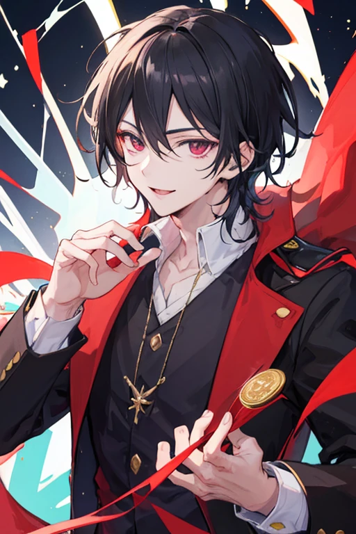 ((best quality)), ((masterpiece)), (detailed), A handsome and anime boy,his eyes are red,his smile like devil,his hair black,and holding bitcoin in his hand