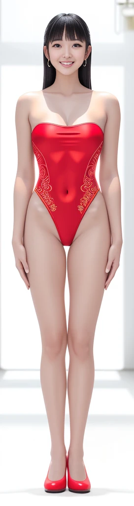 On a white background,A tall and beautiful Chinese girl,with fair skin,Toothy smile,A big smile,When you laugh, Your eyes are crescent-shaped,blunt bangs, long straight hair,Wear a one-piece swimsuit and pumps,Swimsuits are decorated with joyful patterns, Stand up straight,Stand upright,hands on sides,Symmetrical distribution,Ray tracing,All shaded areas,No windows, Soft lighting, Warm light, flood light, n, Studio light, 1.4x Realistic Ultra HD