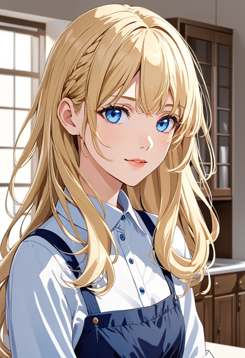 Anime young woman, blonde hair, fringe reparted in three parts, long and waivy hair, light and bright blue eyes, chic and simple clothes. Housewife mother
