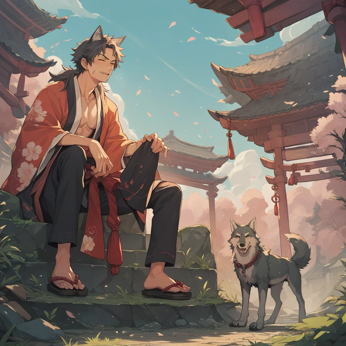 Best quality, Super detailed illustration, Boy, Wolf ears, wolf tail, japanese clothing 