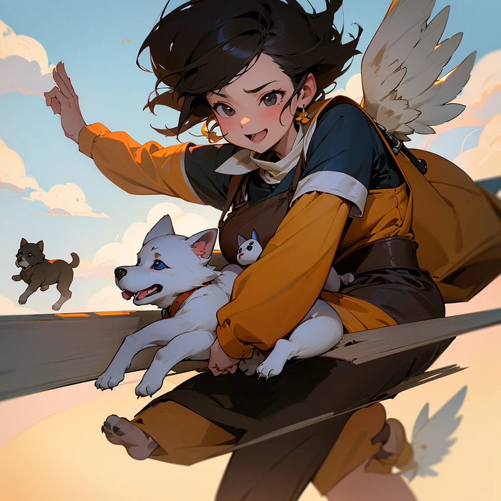 Baby flies a puppy carries the baby Woof woof!
