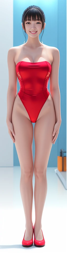 On a white background,A tall and beautiful Chinese girl,with fair skin,Toothy smile,A big smile,When you laugh, Your eyes are crescent-shaped,blunt bangs, long straight hair,Wear a one-piece swimsuit and pumps,Swimsuits are decorated with joyful patterns, Stand up straight,Stand upright,hands on sides,Symmetrical distribution,Ray tracing,All shaded areas,No windows, Soft lighting, Warm light, flood light, n, Studio light, 1.4x Realistic Ultra HD