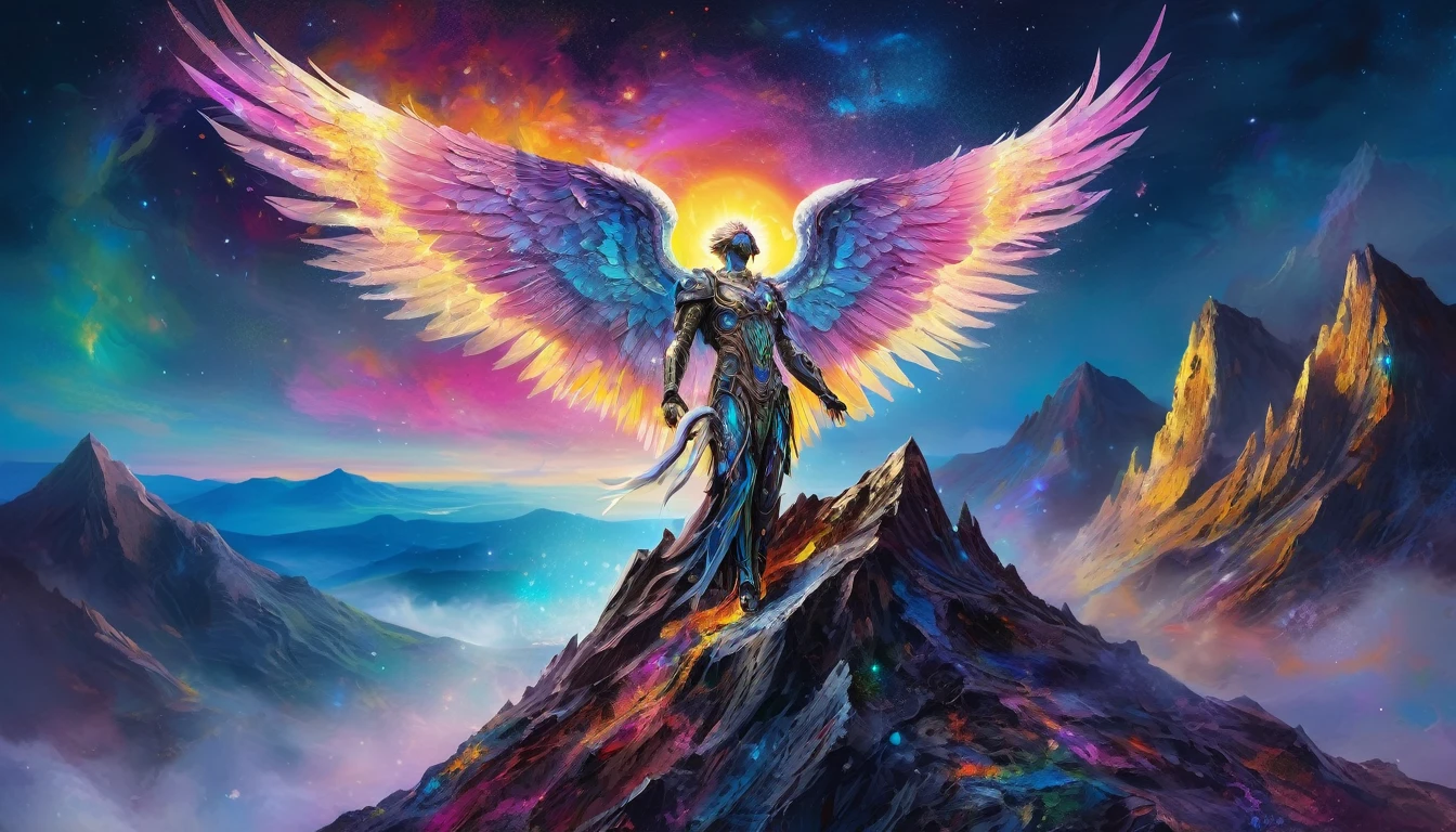 Cosmic fallen angel with bright eyes, Biomechanical, on top of a mountain with a mix of very bright colors, under the moonlight with particles of light, brillantes, sortant de ses mains
