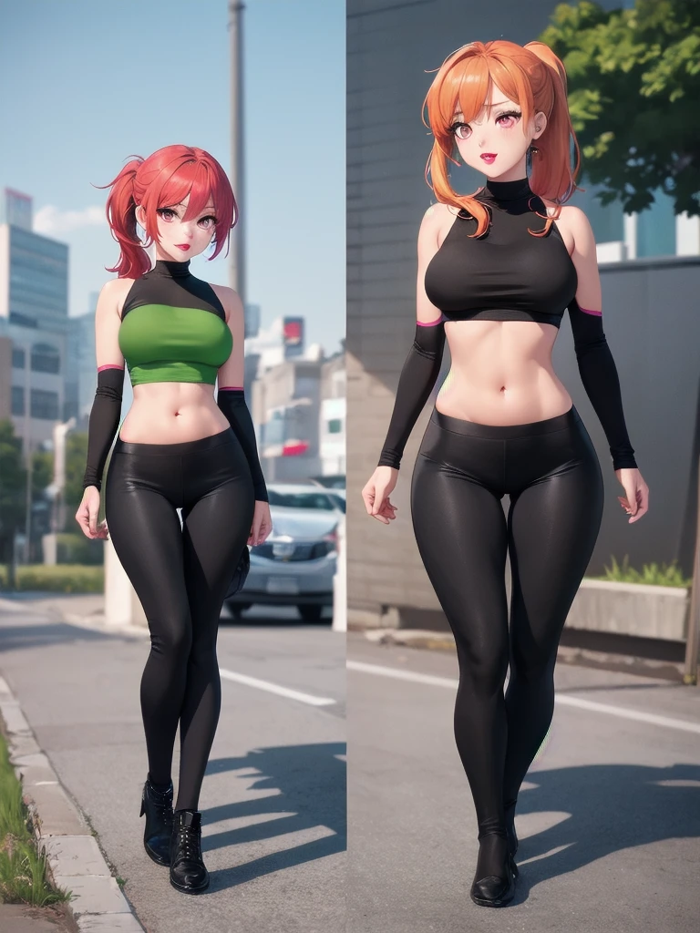  wide hips, thighs, Vicky, ponytail, lipstick, midriff, 1girl, green crop top, pink eyes, black pants, orange hair. solo girl, sitting, full body
