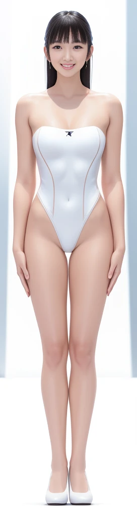 On a white background,A tall and beautiful Chinese girl,with fair skin,Toothy smile,A big smile,When you laugh, Your eyes are crescent-shaped,blunt bangs, long straight hair,Wear a one-piece swimsuit and pumps,Swimsuits are decorated with joyful patterns, Stand up straight,Stand upright,hands on sides,Symmetrical distribution,Ray tracing,All shaded areas,No windows, Soft lighting, Warm light, flood light, n, Studio light, 1.4x Realistic Ultra HD
