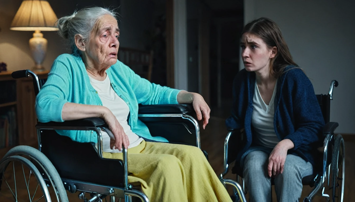 Old woman looking bad sitting in wheelchair, humiliating her 25 year old daughter indoors, dark weather, little light.