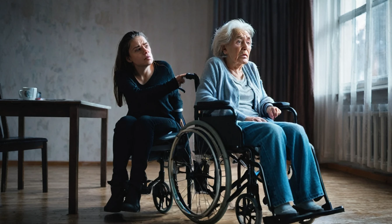 Old woman looking bad sitting in wheelchair, humiliating her 25 year old daughter indoors, dark weather, little light.