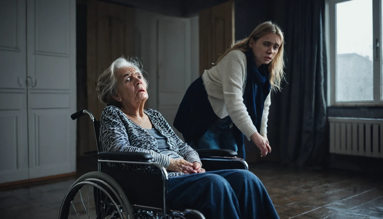 Old woman looking bad sitting in wheelchair, humiliating her 25 year old daughter indoors, dark weather, little light.