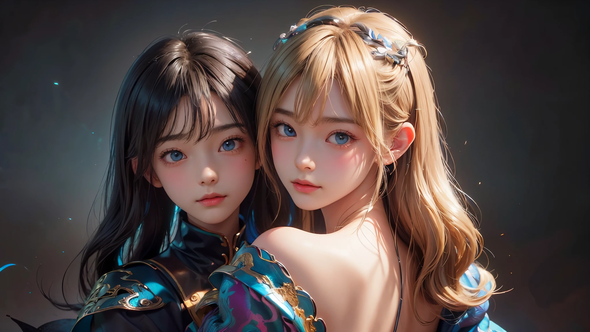 Polychrome,, night, dark, blonde, Show Viewer, In-person audience, Limited Edition Palette, Dragon Background, Shine,(Highly detailed CG Unity 8k wallpaper),(masterpiece), (Highest quality), (Vaporwave Style), (Super detailed), (Best illustrations),(Best Shadow),Perfect lighting , Perfect Anatomy , Vibrant colors、
