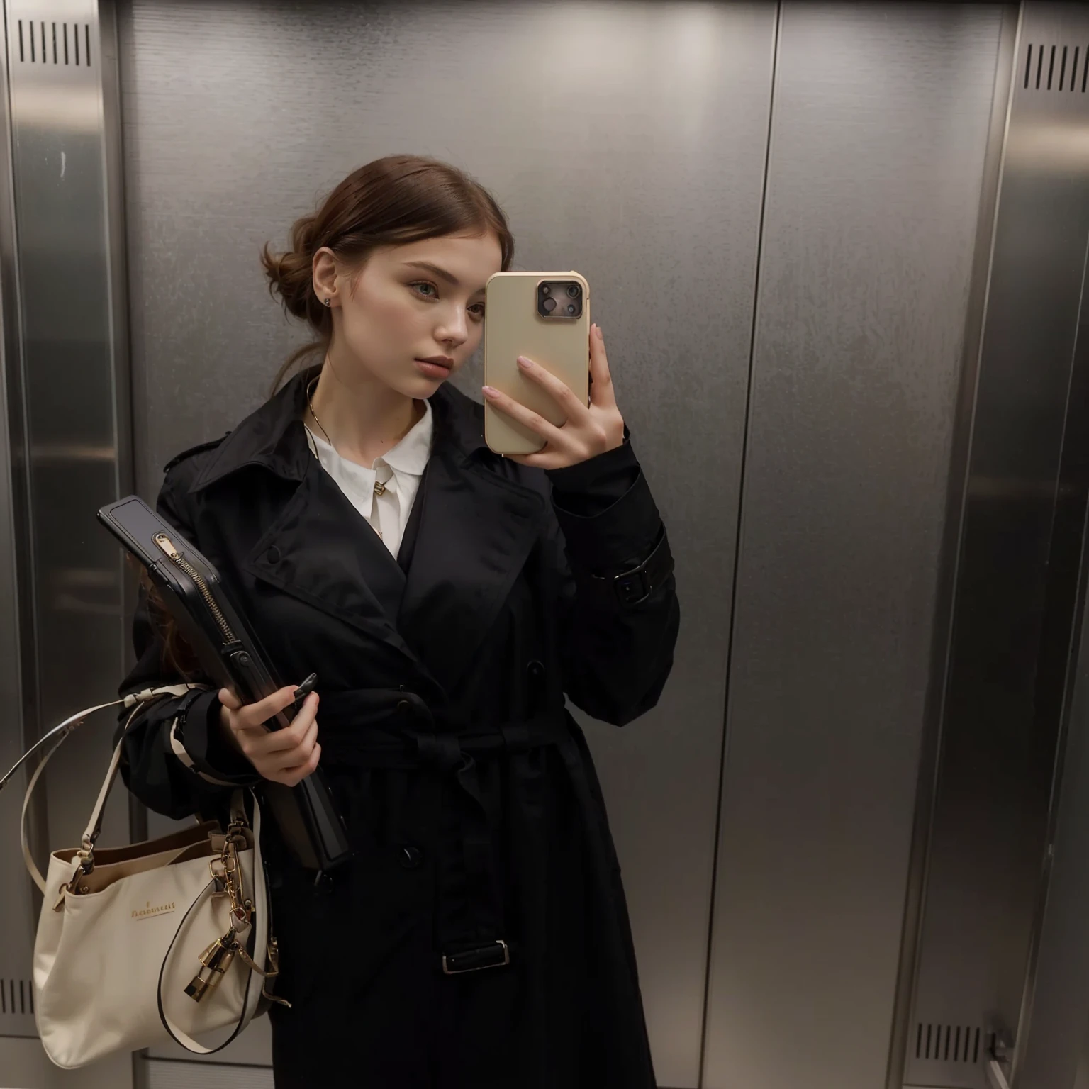 femme prenant un selfie dans un ascenseur avec son téléphone portable, style de Julia Razumova, par Emma Andijewska, portrait sophie mudd, par Anna Haifisch, porter un trench en cuir noir, selfie d'une jeune femme, Jovana Ricalo, par Christen Dalsgaard, Anna Nikonova alias Newmilky