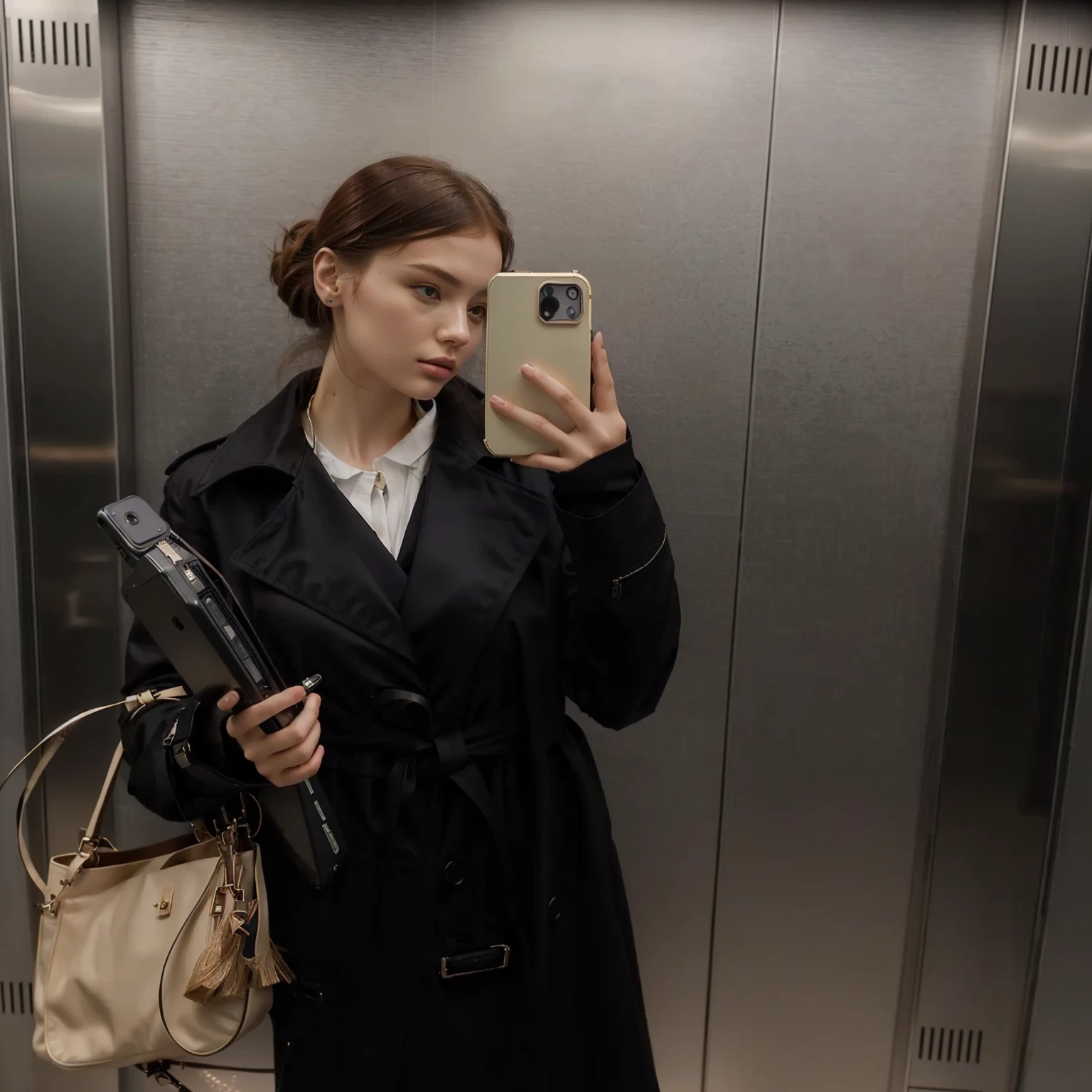 femme prenant un selfie dans un ascenseur avec son téléphone portable, style de Julia Razumova, par Emma Andijewska, portrait sophie mudd, par Anna Haifisch, porter un trench en cuir ????, selfie d'une jeune femme, Jovana Ricalo, par Christen Dalsgaard, Anna Nikonova alias Newmilky