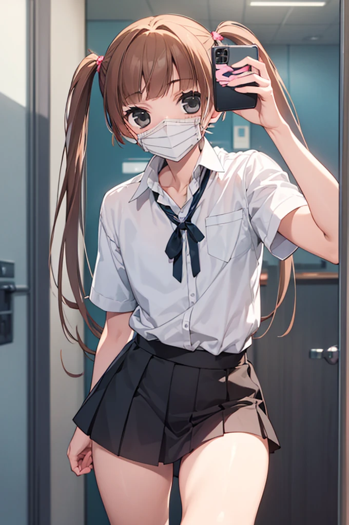 masterpiece, best quality, game cg, 1boy, solo, male focus, looking at viewer, , , nino_arisugawa, brown hair, black eyes, long hair, twintails, low twintails, mask, miniskirt,selfie