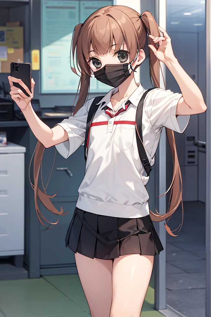 masterpiece, best quality, game cg, 1boy, solo, male focus, looking at viewer, , , nino_arisugawa, brown hair, black eyes, long hair, twintails, low twintails, mask, miniskirt,selfie