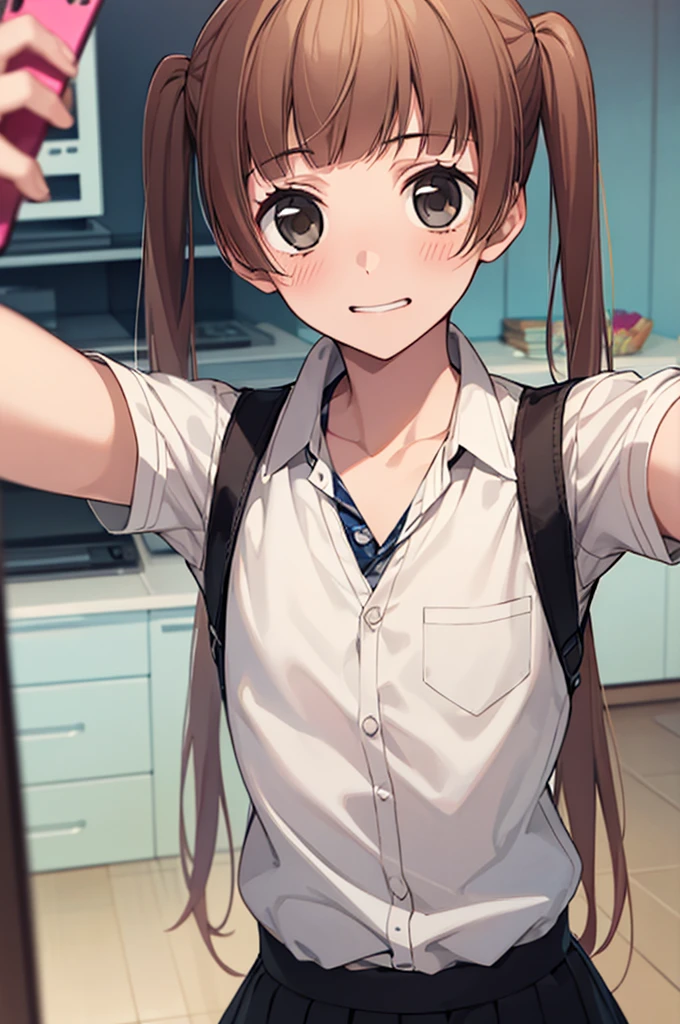 masterpiece, best quality, game cg, 1boy, solo, male focus, looking at viewer, , , nino_arisugawa, brown hair, black eyes, long hair, twintails, low twintails, mask, miniskirt,selfie