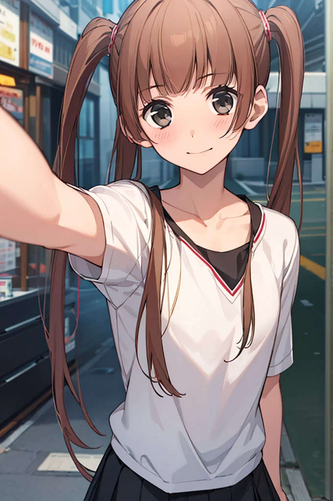 masterpiece, best quality, game cg, 1boy, solo, male focus, looking at viewer, , , nino_arisugawa, brown hair, black eyes, long hair, twintails, low twintails, mask, miniskirt,selfie