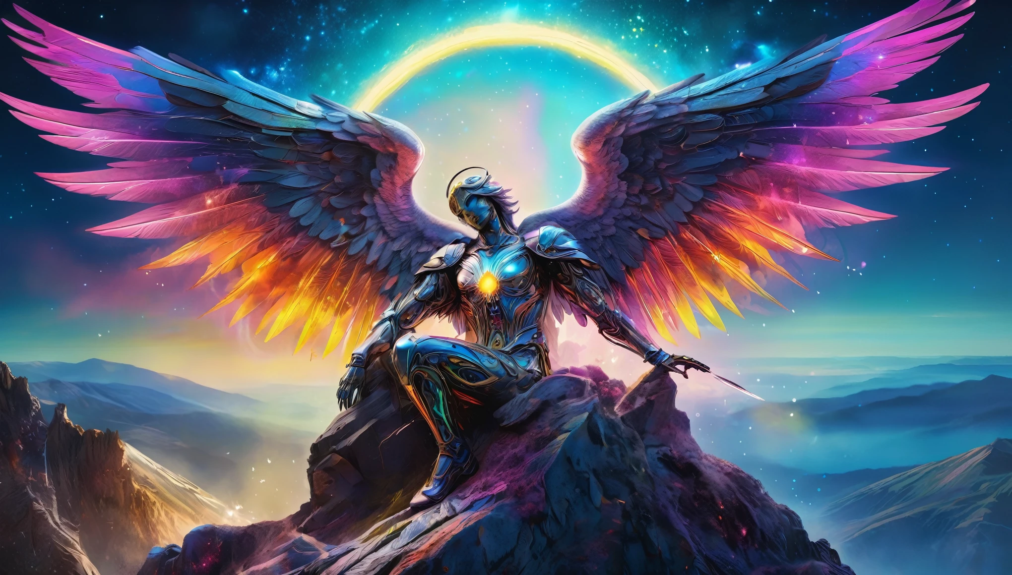 Cosmic fallen angel with bright eyes, Biomechanical, on top of a mountain with a mix of very bright colors, under the moonlight with particles of light, brillantes, sortant de ses mains