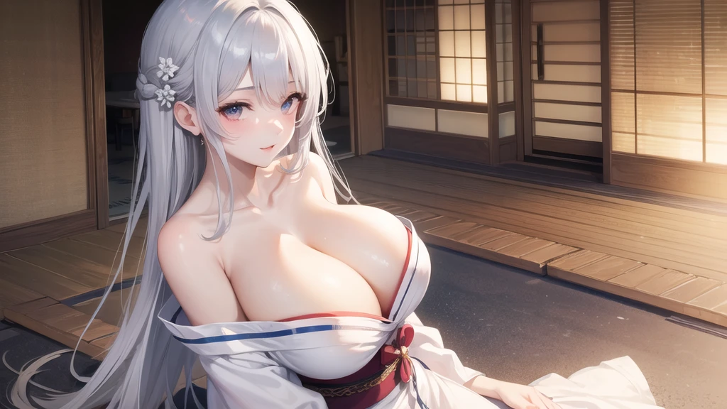 (((masterpiece, best quality))), (((superior quality))), cute girl, ((extremely detailed girl)), ((huge breasts)), yukata, bare shoulders, strapless top, long silver hair, happy