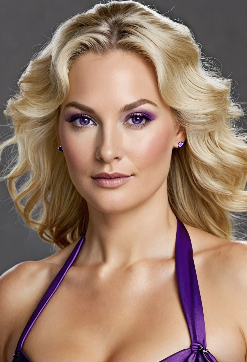 Age: Between 40 and 50 years old.
Height: Approximately 1.70 meters.
Physical: Athletic and curvy.
Skin: Clear and smooth.
Hair: Long, wavy blonde, usually pulled back in a ponytail.
Eyes: Dark brown.
Markings: A purple diamond seal on the forehead, characteristic of his clan. Totally naked