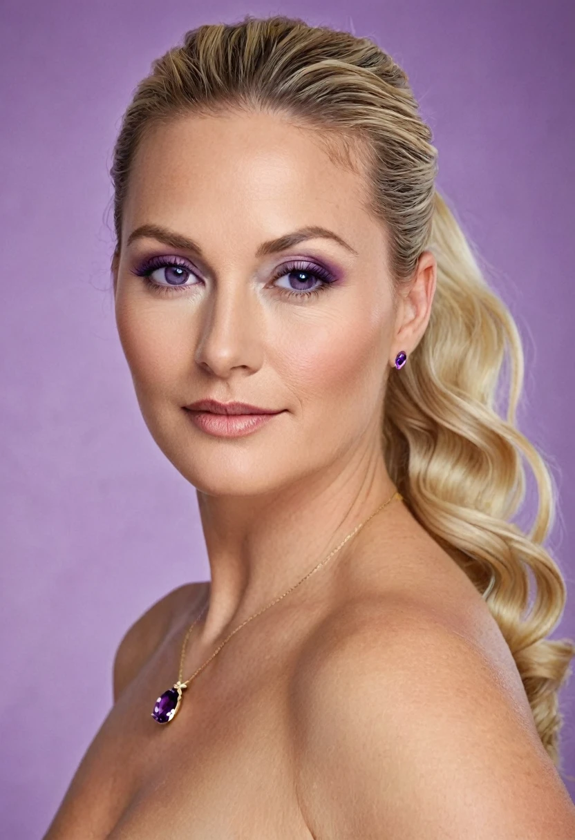 Age: Between 40 and 50 years old.
Height: Approximately 1.70 meters.
Physical: Athletic and curvy.
Skin: Clear and smooth.
Hair: Long, wavy blonde, usually pulled back in a ponytail.
Eyes: Dark brown.
Markings: A purple diamond seal on the forehead, characteristic of his clan. Totally naked