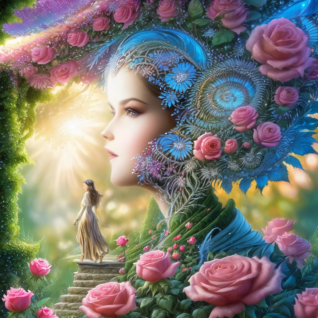 77×412÷π÷2, a beautiful woman is walking in a garden of roses,fractal  , deep wiew,photographic,ultra high resolution,hyperdetailed, masterpiece, 3d modelling, abstract art.