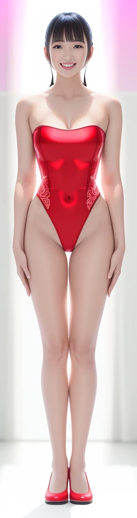 On a white background，A tall and beautiful Chinese girl，with fair skin，Toothy smile，A big smile，When you laugh, Your eyes are crescent-shaped，blunt bangs, long straight hair，Wear a one-piece swimsuit and pumps，Swimsuits are decorated with joyful patterns, Stand up straight，Stand upright，hands on sides，Symmetrical distribution，Ray tracing，All shaded areas，No windows, Soft lighting, Warm light, flood light, n, Studio light, 1.4x Realistic Ultra HD