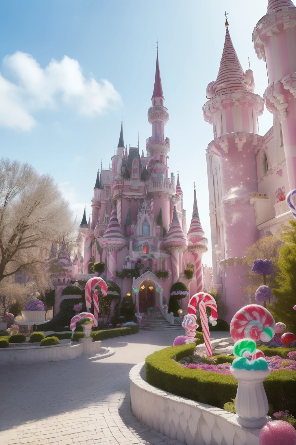(8k, best quality, masterpiece:1.1), (realistic, photo-realistic:1.37), ultra-detailed, 1 , delighted, surrounded by, candy-themed castle, colorful, confectionery details, sweets and chocolates, intricate decorations, (lollipop turrets:1.2), (gumdrop roofs:1.3), (candy cane walls:1.4), (candy swirl stairs:1.3), (chocolate fountain in courtyard:1.2), (cotton candy towers:1.3), (frosted sugar windows:1.2),
