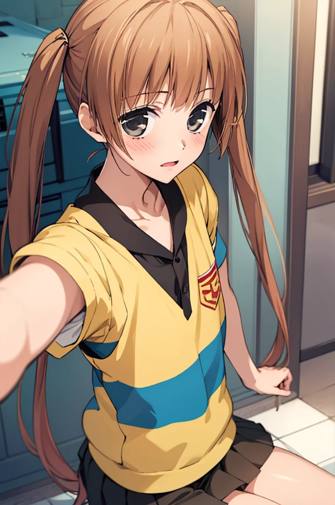 masterpiece, best quality, game cg, 1boy, solo, male focus, looking at viewer, , , nino_arisugawa, brown hair, black eyes, long hair, twintails, low twintails, mask, miniskirt,selfie