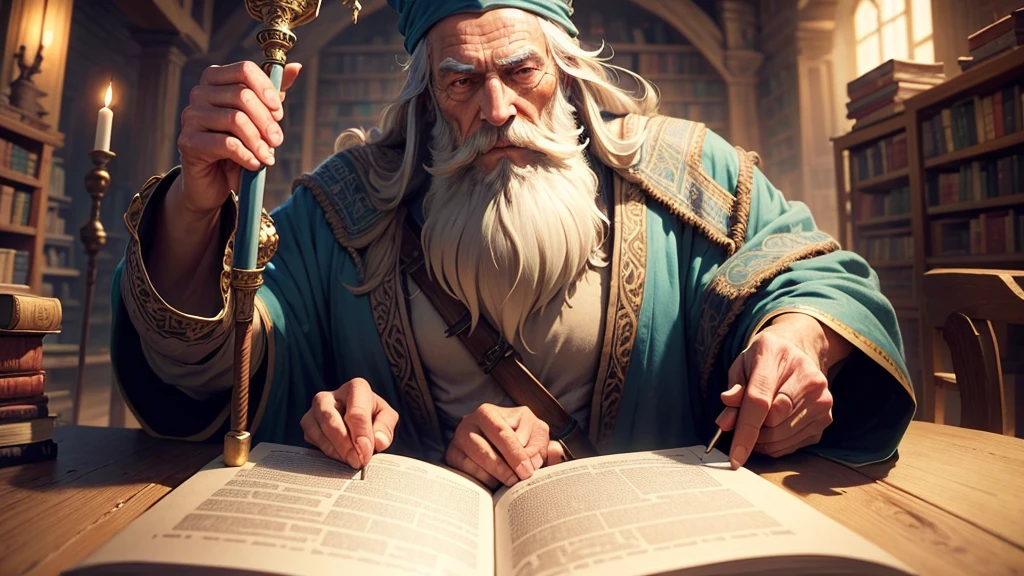 "Create an image of the Wise Old Sage, an elderly figure with a long beard and robes. He should be portrayed with a calm and wise demeanor, holding a staff or tome. The background can include a mystical, ancient library or a serene, magical environment."