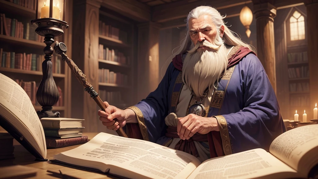 "Create an image of the Wise Old Sage, an elderly figure with a long beard and robes. He should be portrayed with a calm and wise demeanor, holding a staff or tome. The background can include a mystical, ancient library or a serene, magical environment."