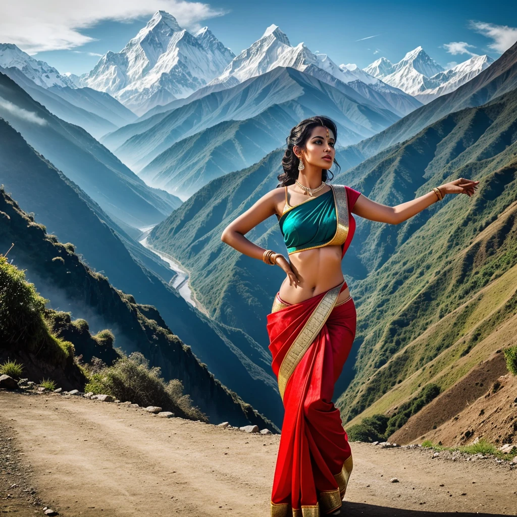 A beautiful sexy woman dancing with wear wear saree in front of  Himalaya valley scenery  with high regulation & contrasting. Dance music play like dj sound.