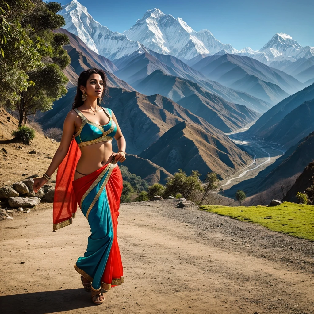 A beautiful sexy woman dancing with wear wear saree in front of Himalaya valley scenery with high regulation & contrasting. Dance music play like dj sound.