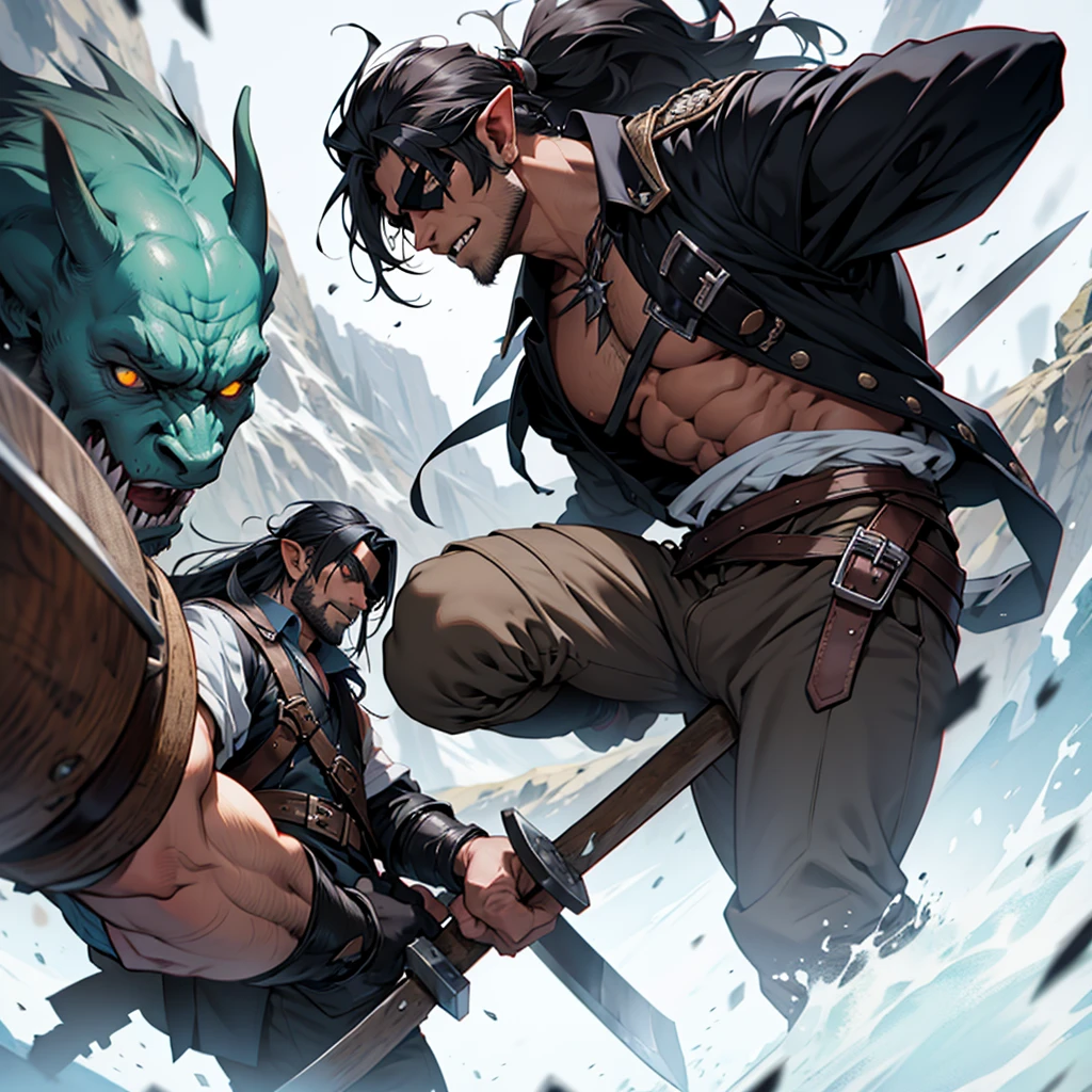 Orc with long hair, eye patch and a double-edged ax