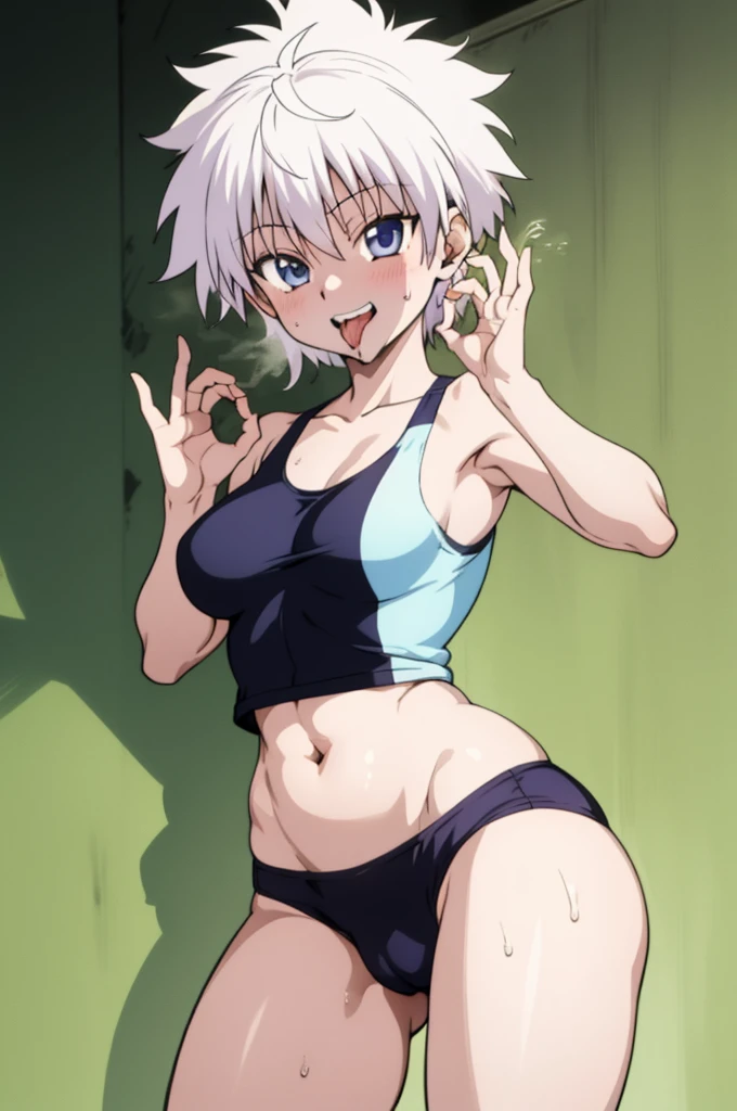 masterpiece, best quality, high quality, 1girl, solo, ,open mouth,tongue, looking at viewer, , killua_zoldyck, sports bra,bike shorts,medium breasts,cowboy shot,sliver hair,(trembling:1.3),smile,cameltoe,blush,sweating,grin