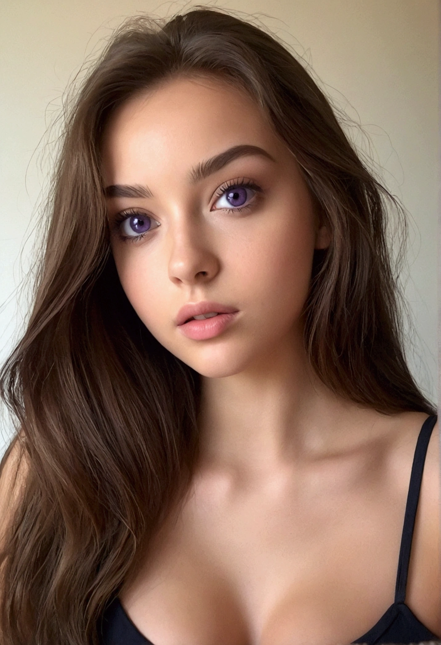 arafed femme pleinement , fille sexy aux yeux marrons, Ultra réaliste, minutieusement détaillé, portrait sophie mudd, cheveux bruns et grands yeux, selfie d'une jeune femme, yeux de la chambre, violette myers, sans maquillage, maquillage naturel, regarder directement la caméra, visage avec artgram, maquillage subtil, superbe photo de tout le corps à genoux sur le lit, dans la chambre, buste de taille moyenne à grande