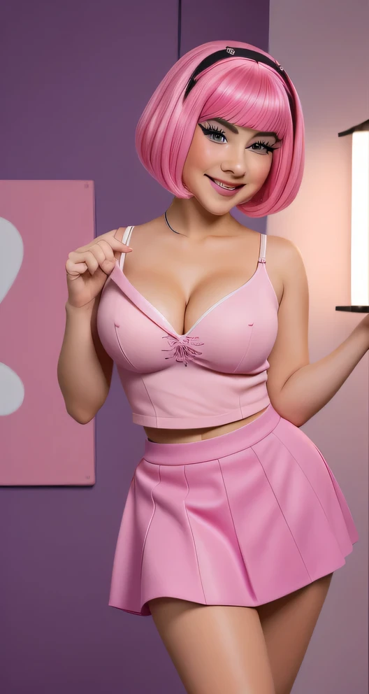 (((girl ))) ,sexly Mädchen rosa miniskirt und Spitzenstrümpfe, ((Stephanie from lazy town)) ,happy face,, Lip Gloss、smiling face eye shadow、((dramatic eyelashes))、(((Full-length portrait)))、( BH（pink))、( mini skirt（pink))、((colorful short hair（pink))), good quality, Realist, Highly detailed 8k unified CG wallpaper, Very detailed, professional photography, cinematic light, Beautifully detailed, Super Detail, high detailed, Depth of field, lightning, Neonstraße, Super stylish lighting ,sexly, (curvy), (deep cleavage),