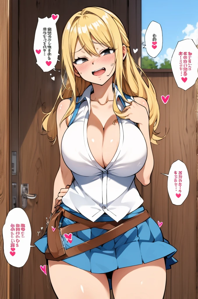 masterpiece, best quality, highres, lucy heartfilia, blonde hair, long hair, large breasts, white shirt, sleeveless, belt, blue skirt, standing,outdoor,cleavage,(((trembling))),looking viewer,(spoken heart)