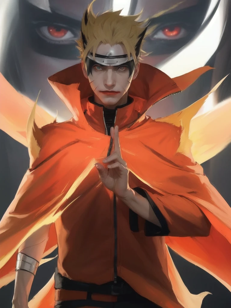 a man in a red cape and black pants, joker as naruto, naruto uzumaki, naruto artstyle, nine tails, from naruto, joker looks like naruto, naruto from naruto, uzumaki, high quality realistic, key realistic, naruto, steve jobs as hokage,naruto, he's very menacing and evil