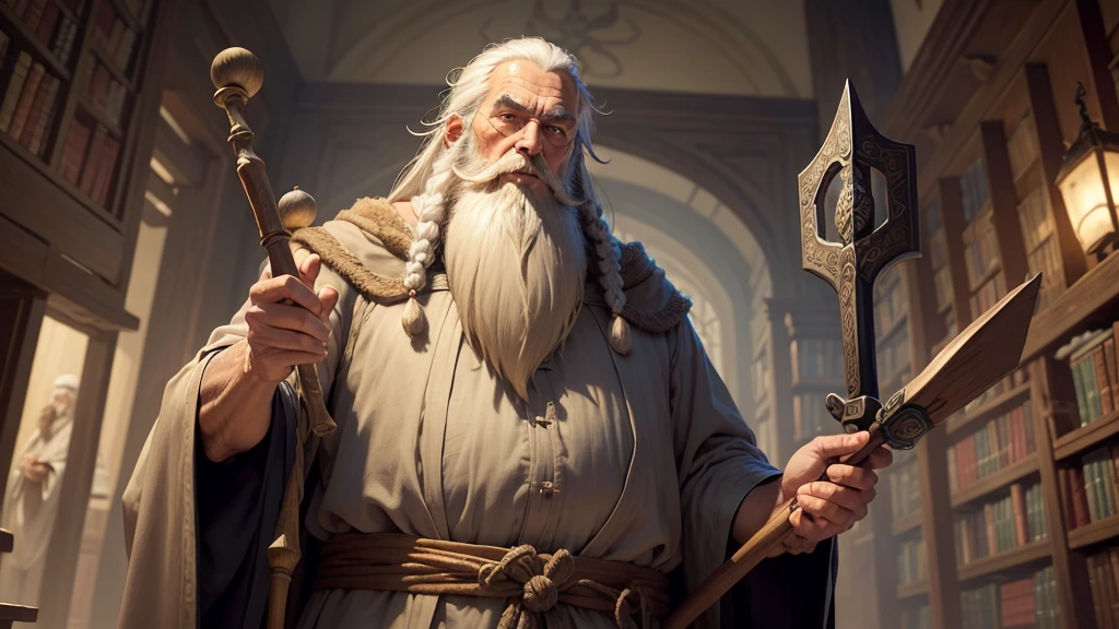 "Create an image of the Wise Old Sage, an elderly figure with a long beard and robes. He should be portrayed with a calm and wise demeanor, holding a staff or tome. The background can include a mystical, ancient library or a serene, magical environment."