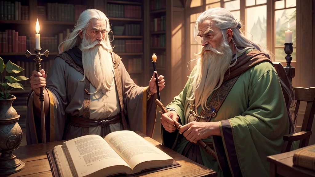 "Create an image of the Wise Old Sage, an elderly figure with a long beard and robes. He should be portrayed with a calm and wise demeanor, holding a staff or tome. The background can include a mystical, ancient library or a serene, magical environment."